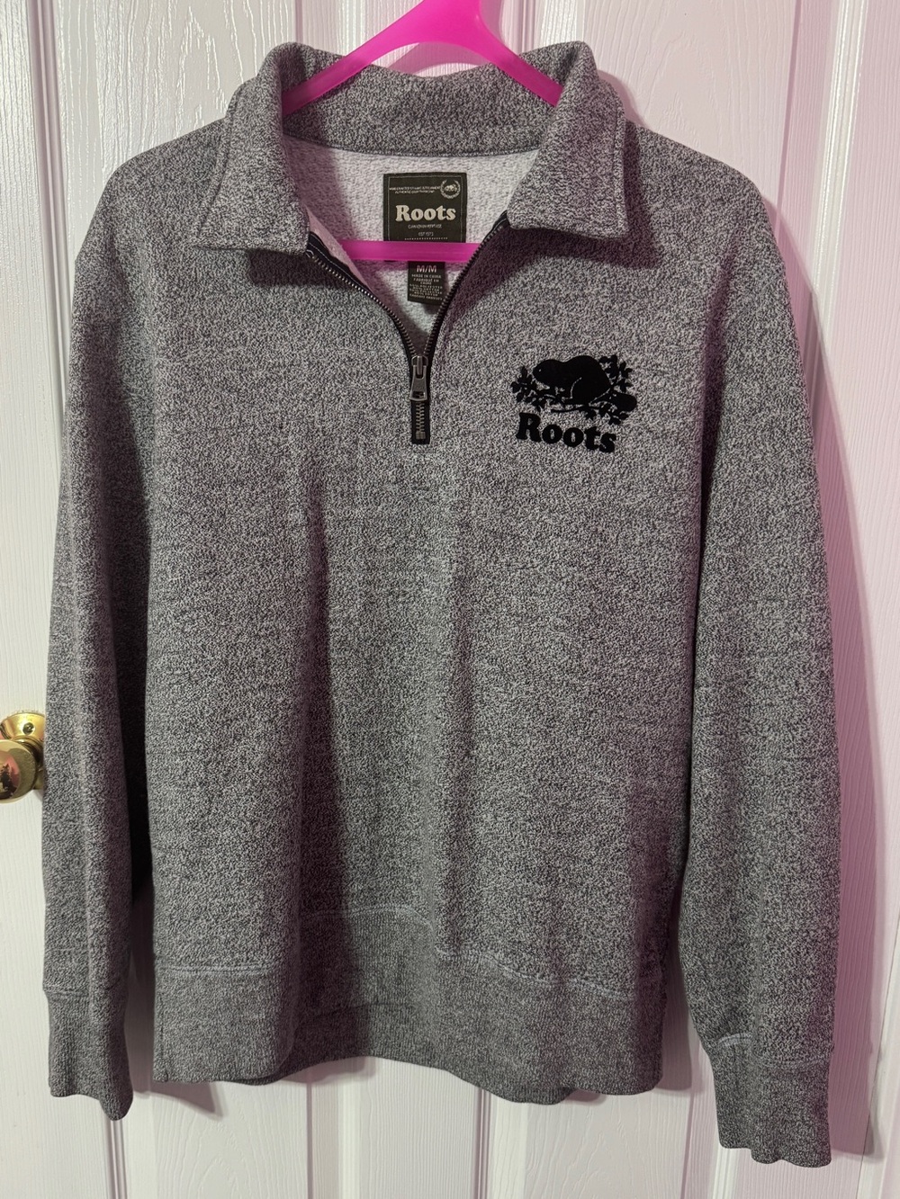 Roots Men's Gray Half-Zip Sweater with Embroidered Logo